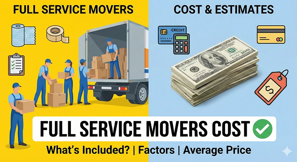 Full-service movers packing and loading household items with cost breakdown icons