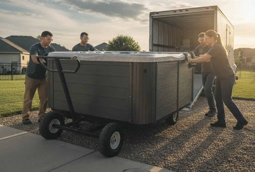 professional movers transporting a hot tub safely