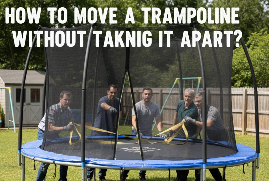 movers safely transporting trampoline without disassembling it