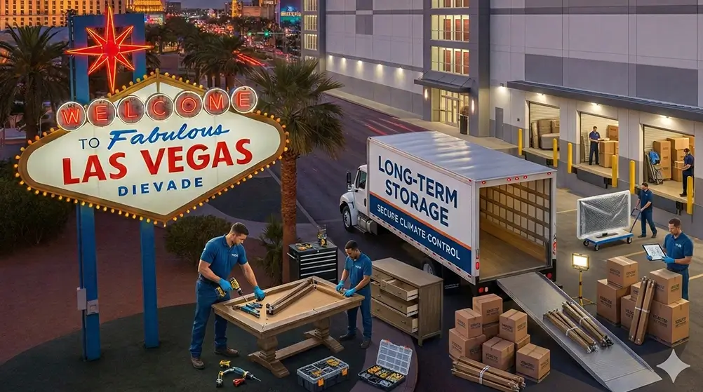 Movers disassembling furniture for relocation