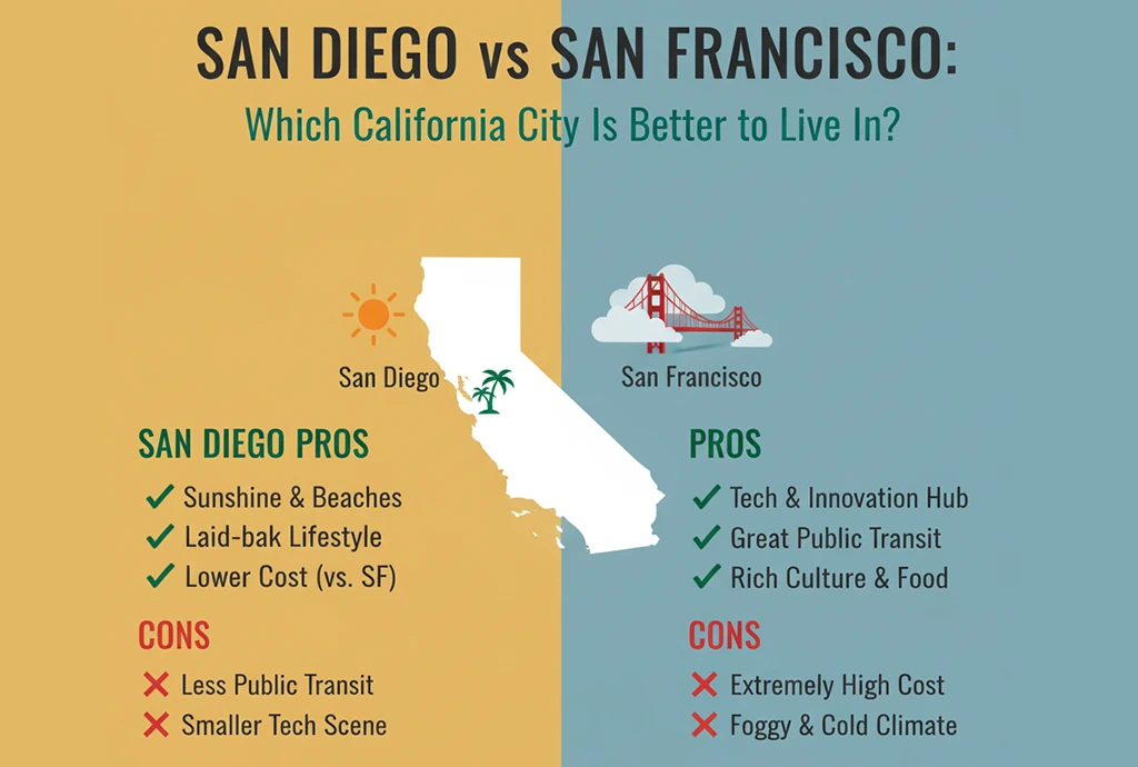 comparison of San Diego and San Francisco skyline and beaches