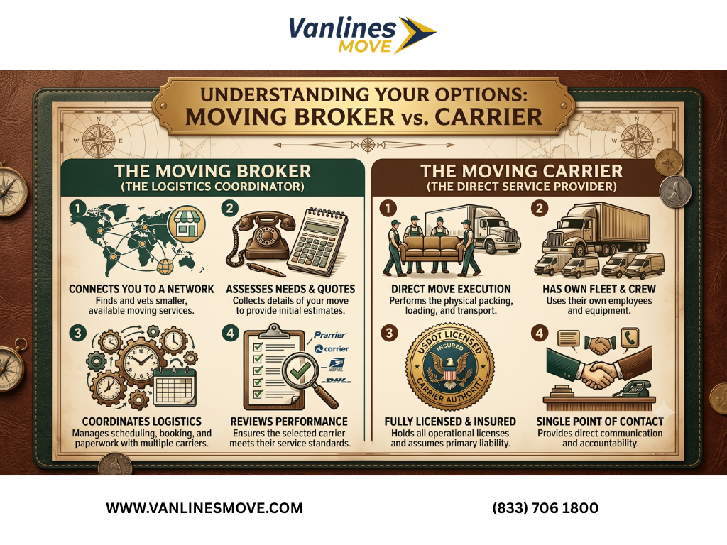 Comparison chart showing the differences between a moving broker and a moving carrier