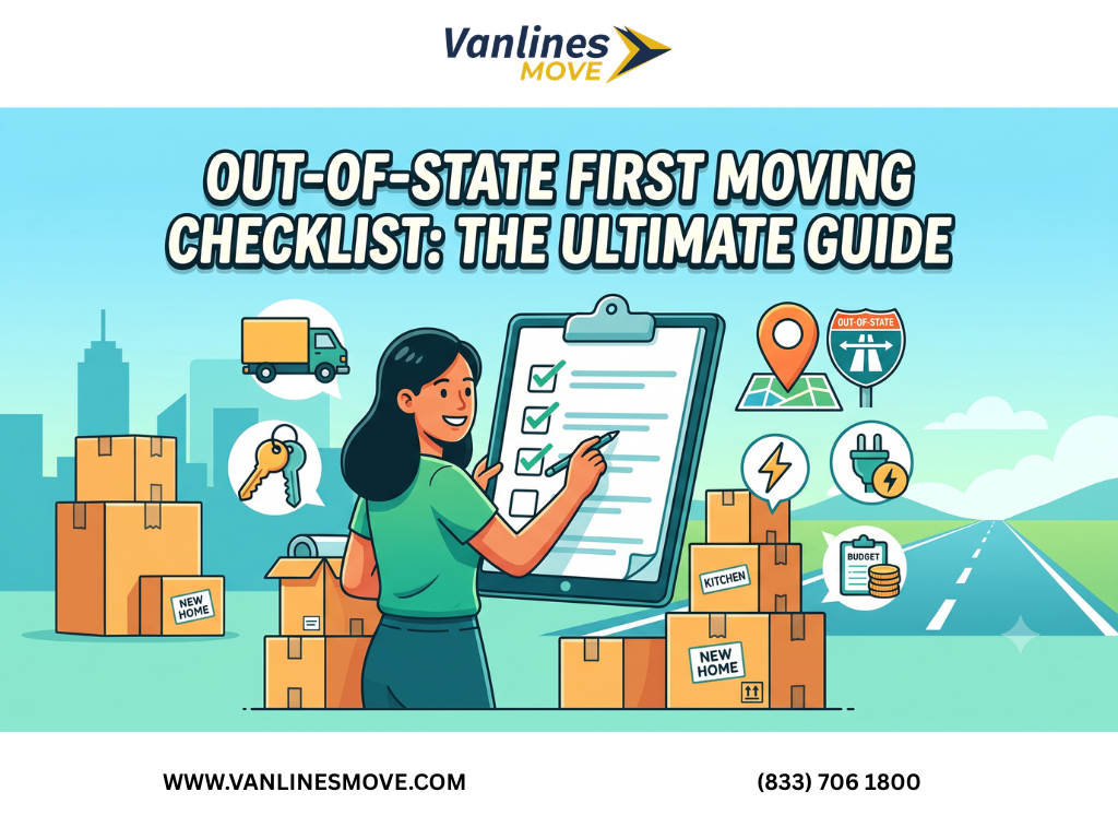 Out-of-state first moving checklist and timeline planner on a desk