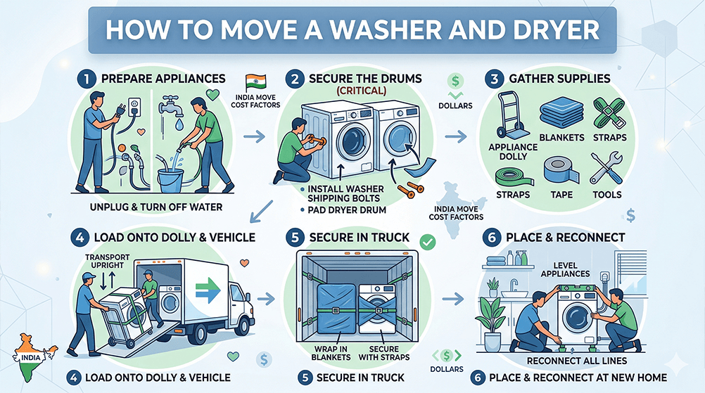 Moving a washer and dryer safely with proper equipment.