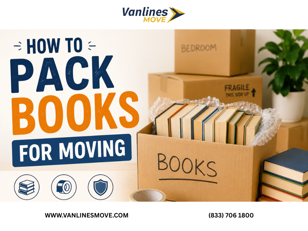 Person carefully packing books into moving boxes with packing paper and tape, demonstrating how to pack books for moving.