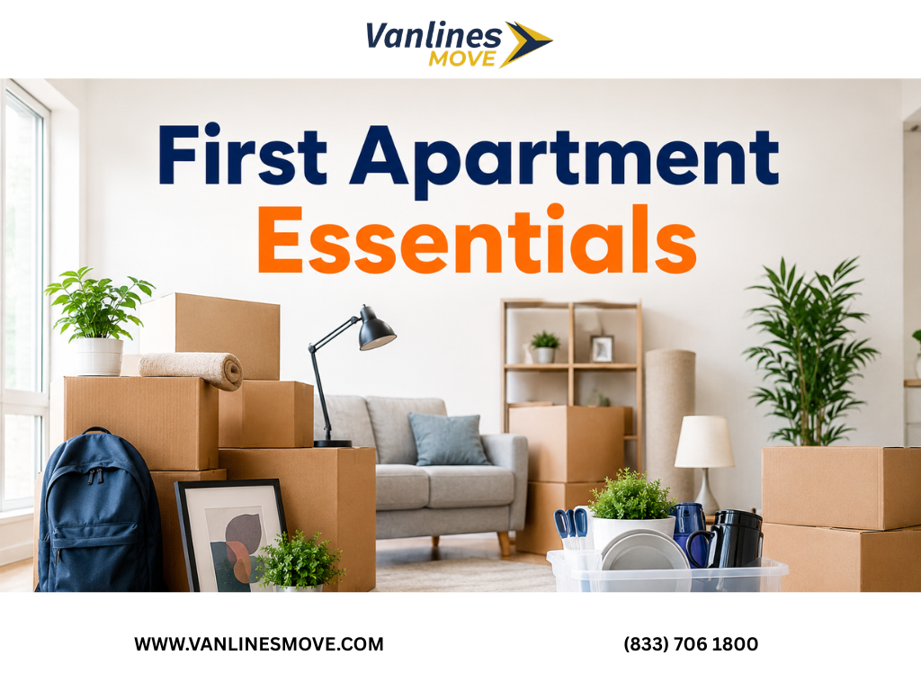 A comprehensive collection of first apartment essentials including kitchenware, bedding, and cleaning supplies for new renters.