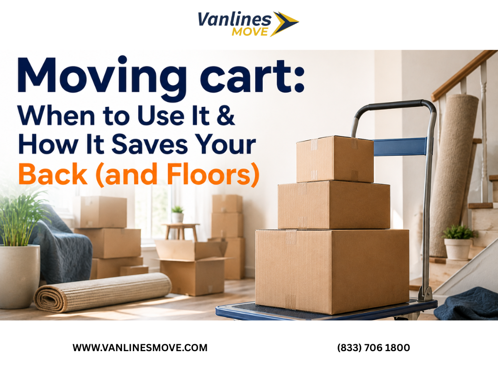 Person using a moving cart to transport boxes and furniture