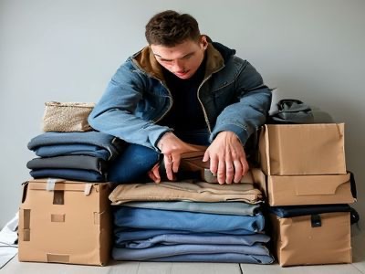 How to pack clothes for moving: neatly folded garments in moving boxes and wardrobe boxes.