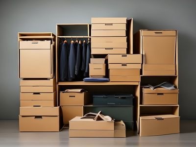 Stack of sturdy wardrobe boxes with hanging clothes inside, ready for moving.