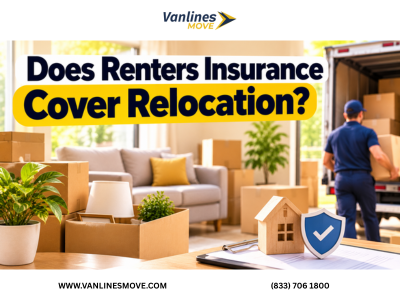 Renters insurance policy document next to packed moving boxes, symbolizing relocation coverage.