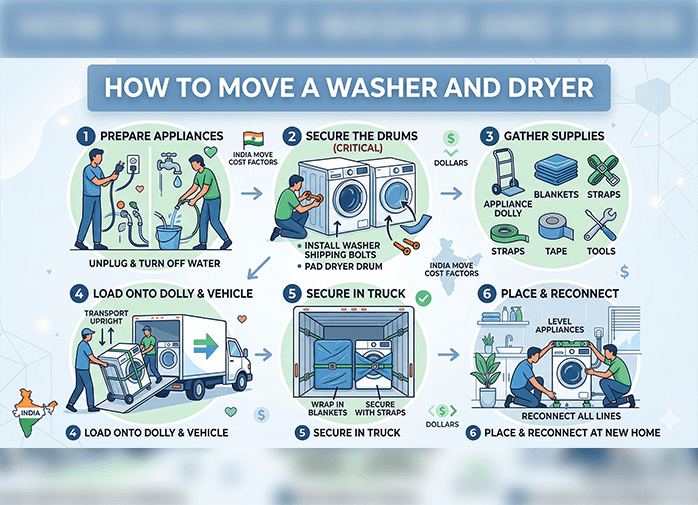 Moving a washer and dryer safely with proper equipment.