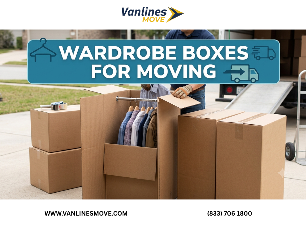 Stack of sturdy wardrobe boxes with hanging clothes inside, ready for moving.